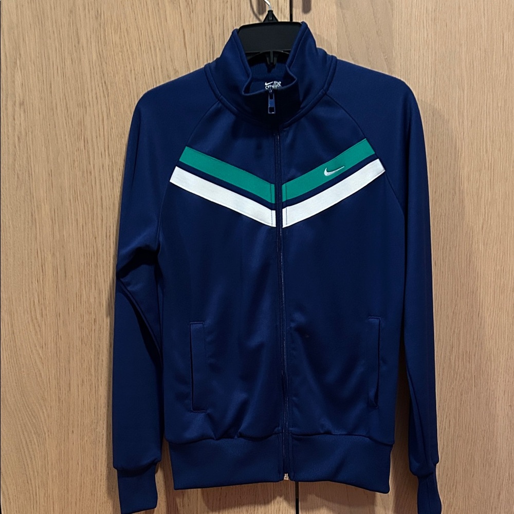 Nike Men's Navy Jacket with White and Green Stripes